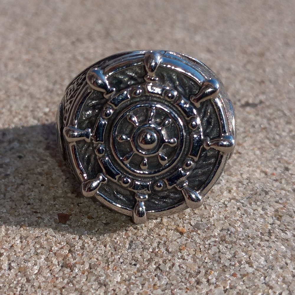 GOTH SHIP WHEEL Mens Stainless Steel Ring  Rudder Seafarer Sz 11.5 US